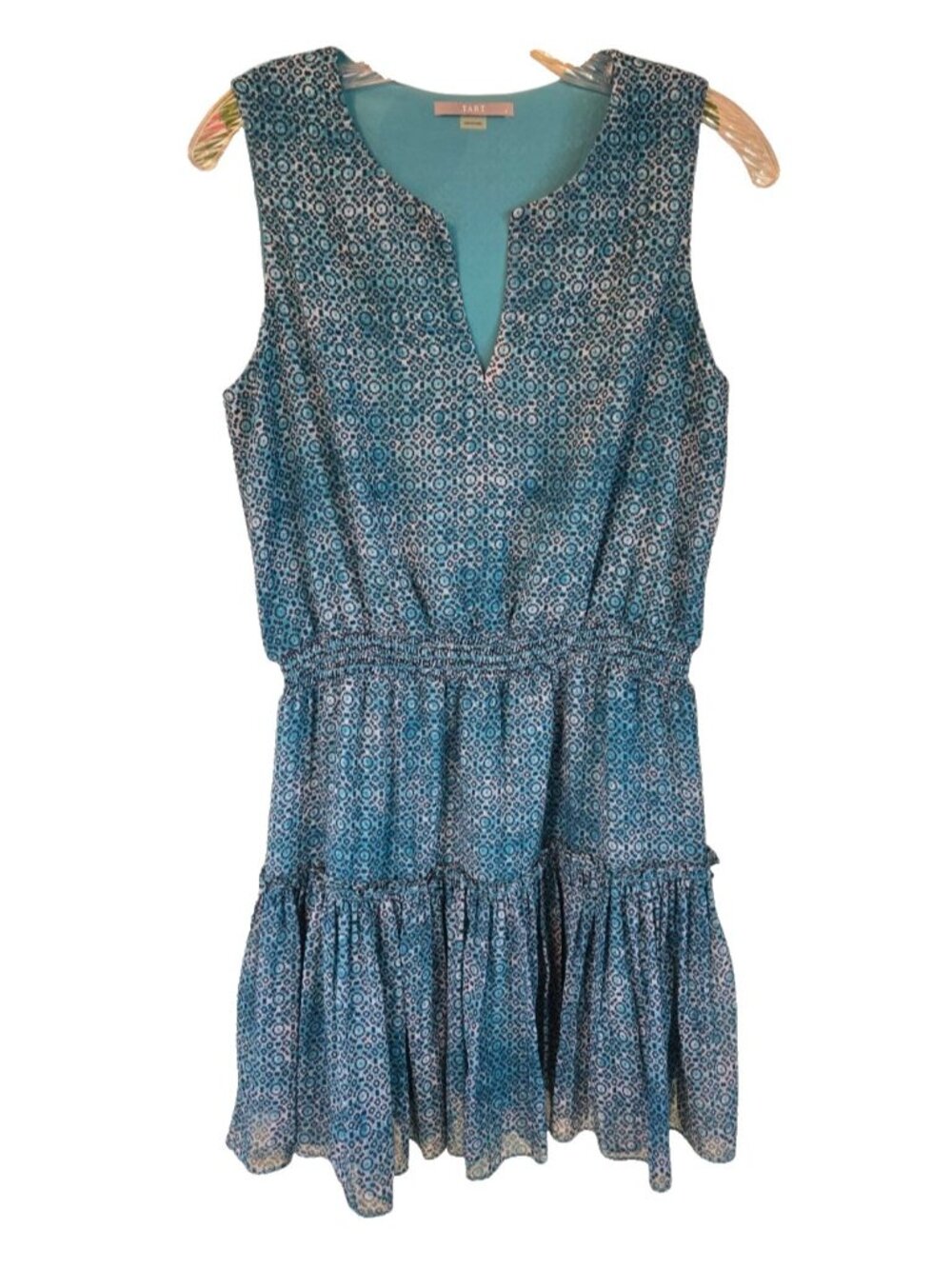 Tart Women's S Tiered Skirt Sleeveless Dress Smocked Waist Split Neck Geometric